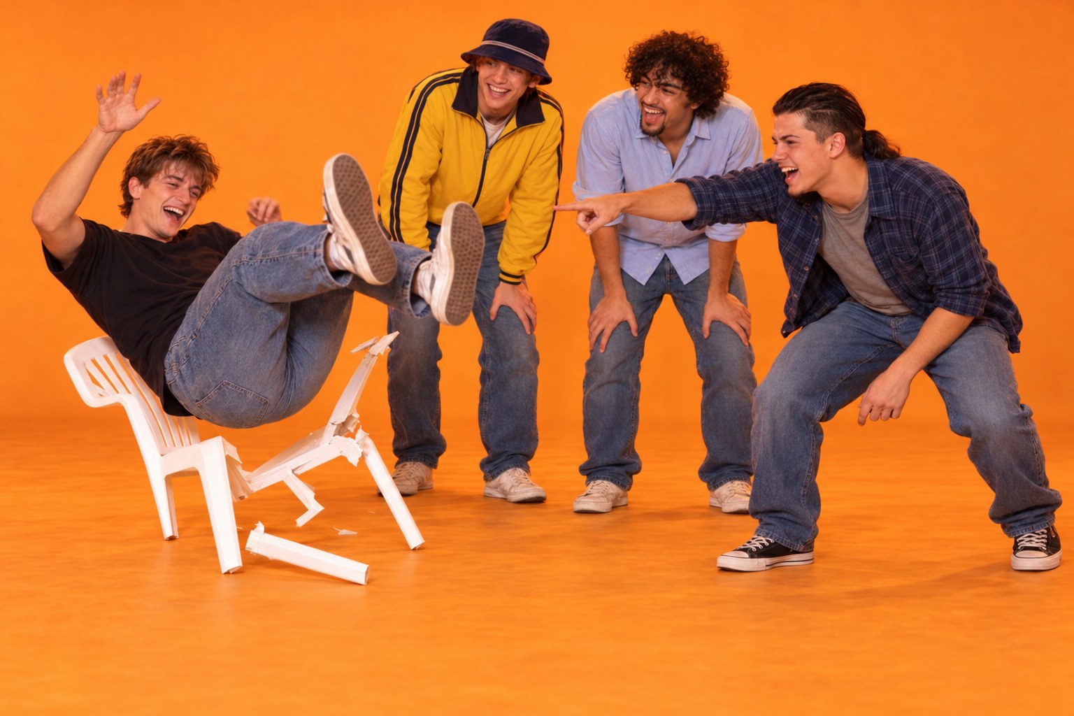 Keith tumbles off a snapped white plastic chair while Shawn, Ralf and Tony laugh and point