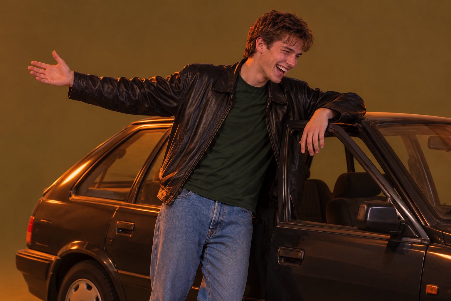 A young man leaning on an old hatchback with one arm spread wide, studio photograph in the style of 1999 Sydney