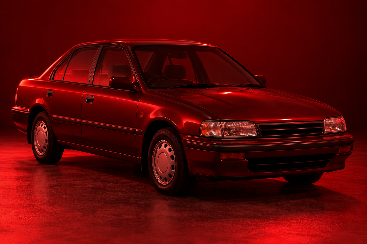 Dark red 1990s four-door sedan in red light