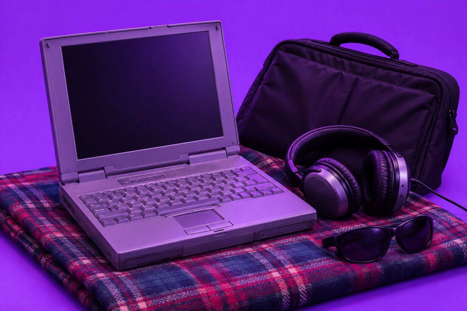 A chunky 1990s laptop on a picnic blanket with headphones, sunglasses and a black carry bag