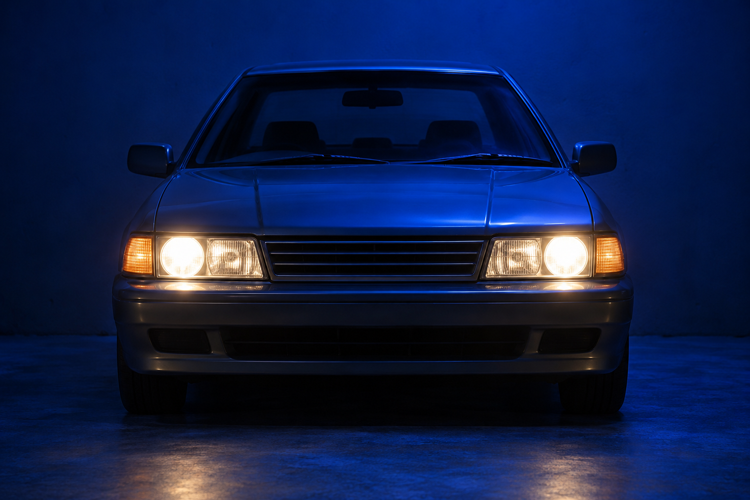 Front of a 1990s sedan with halogen headlights on at night