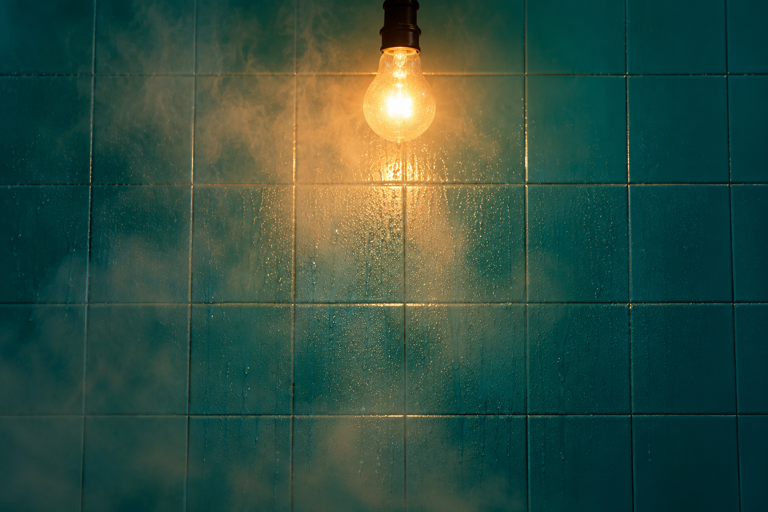 Bare lightbulb above a steamy teal tiled wall