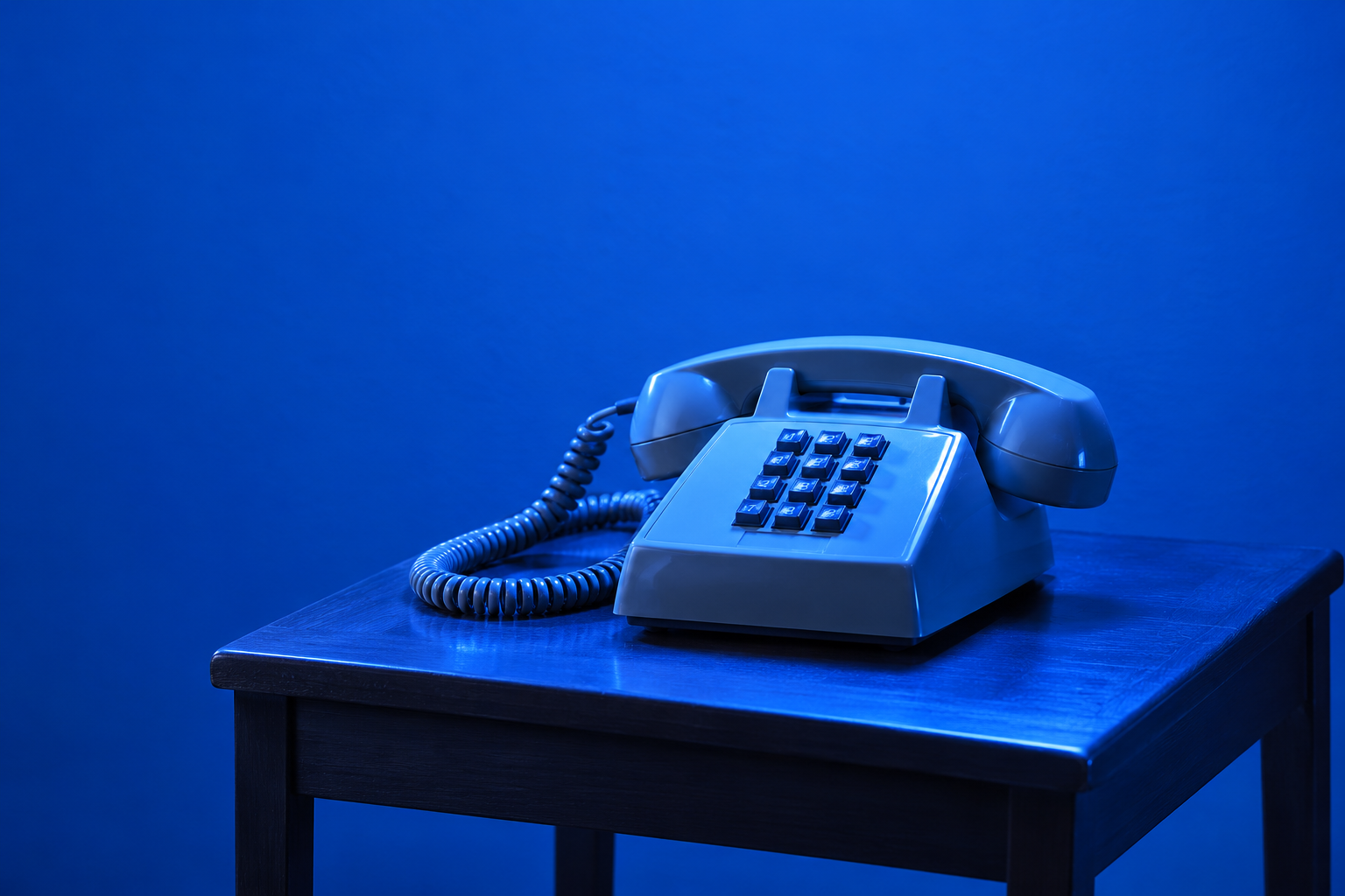 Vintage corded telephone in blue light