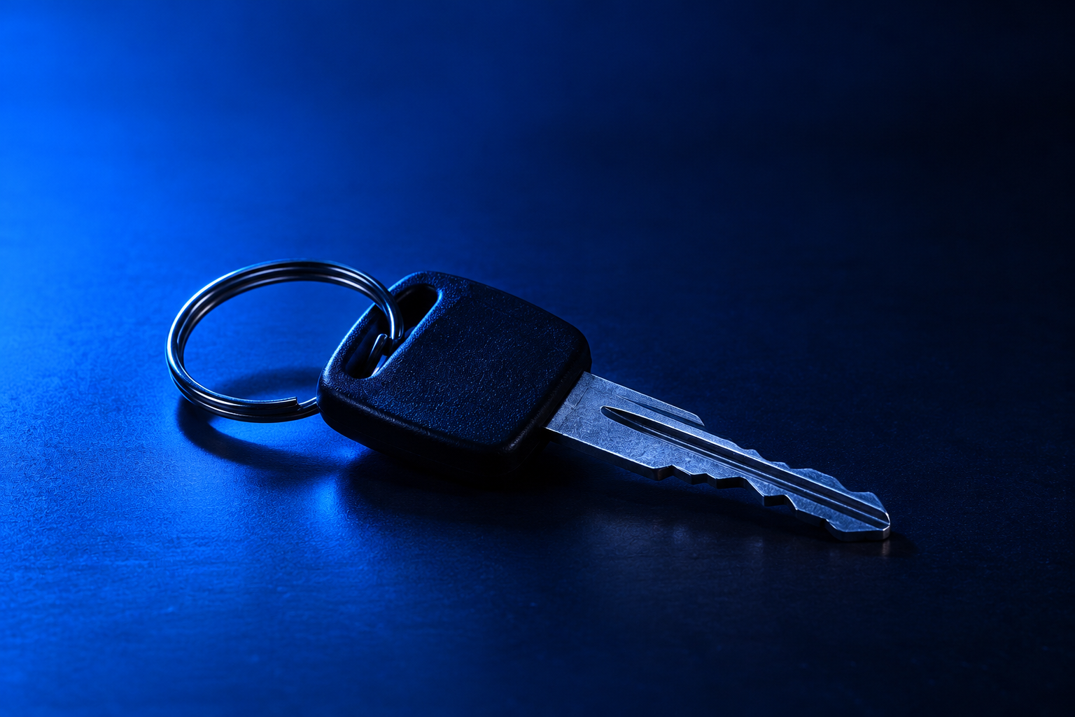 Plain metal car key on a ring in blue light