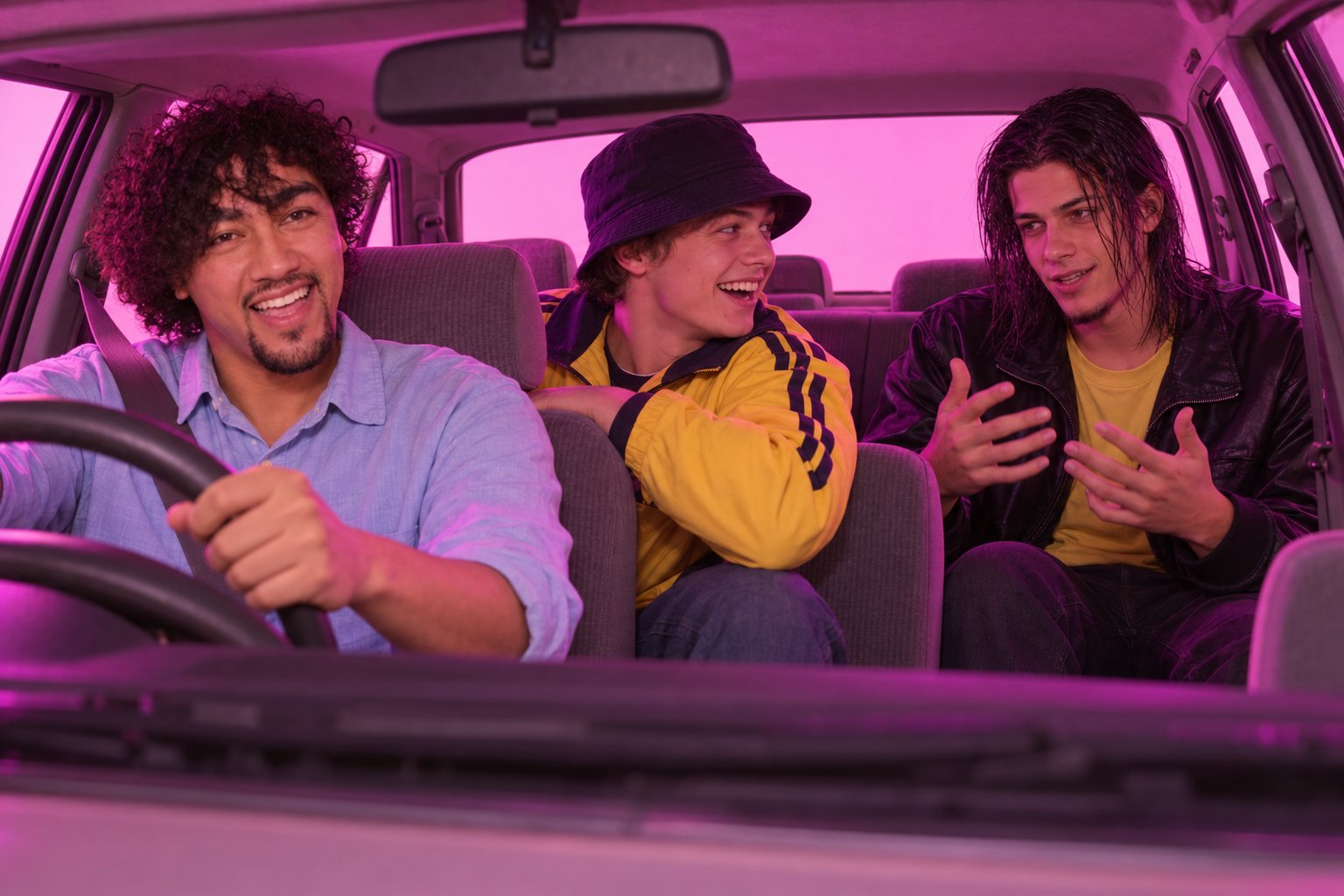 Three young men laugh in a plain sedan as the one in the back tells a story, 1990s Sydney.