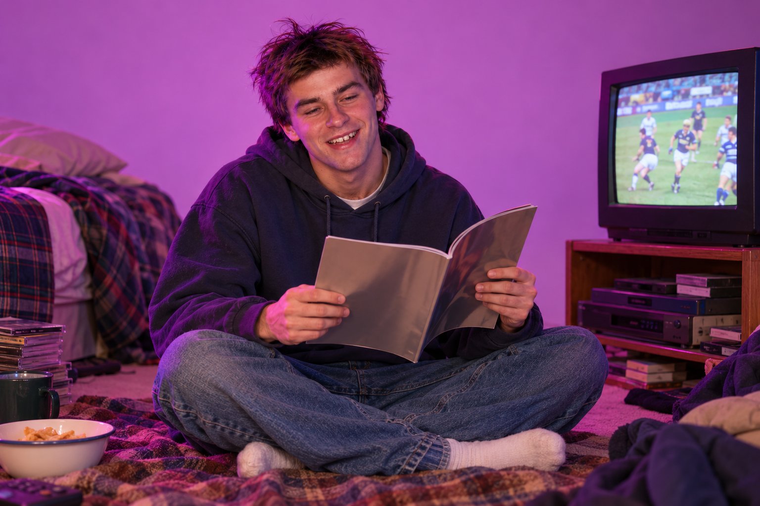 A young man in a hoodie laughs reading a magazine on a bedroom floor with a football match on a CRT television, 1990s.