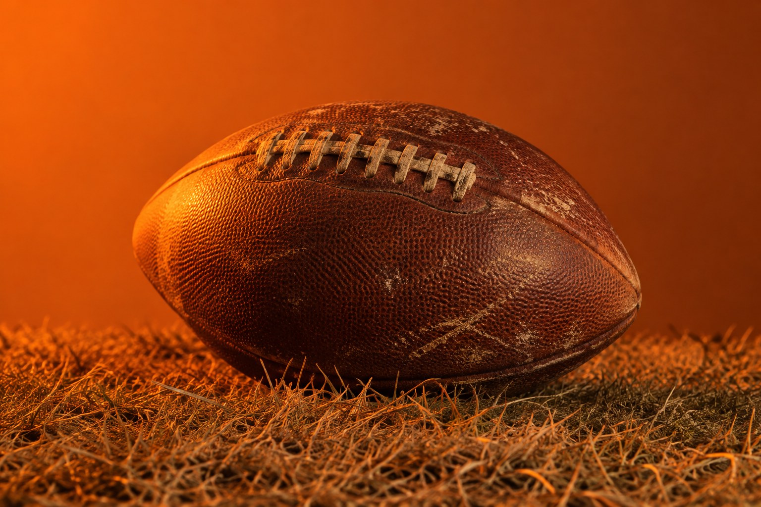 A brown leather football on a patch of grass