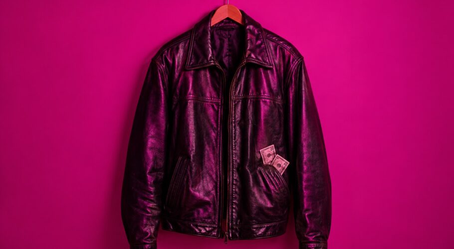 A black leather jacket on a hanger with banknotes poking from the pocket
