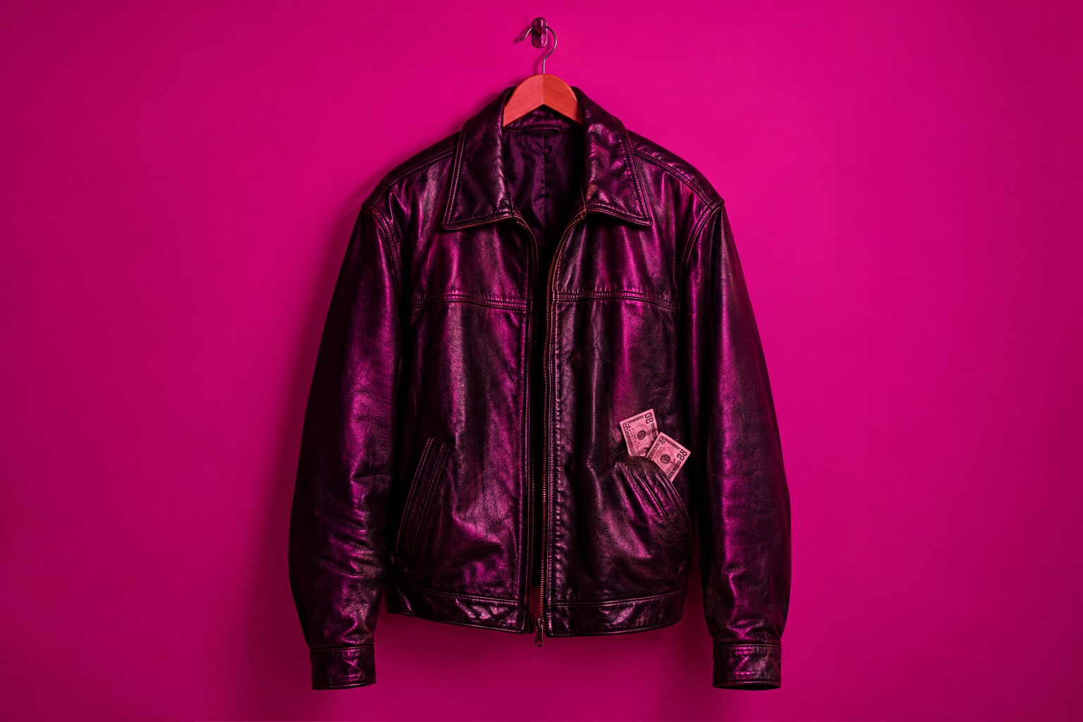 A black leather jacket on a hanger with banknotes poking from the pocket