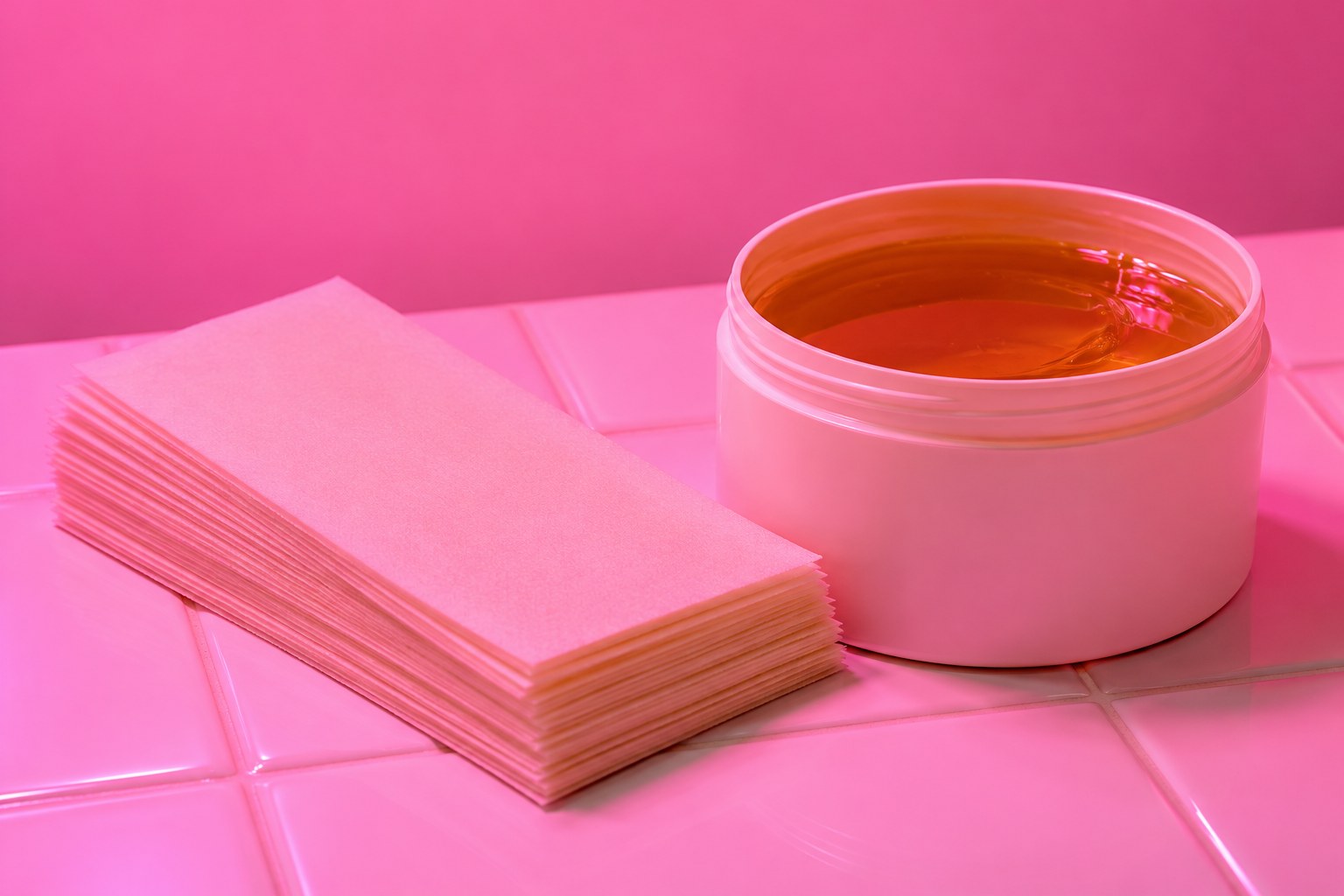 Cotton waxing strips beside a tub of warm wax on white tile