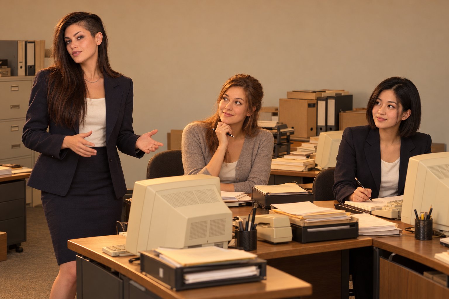 A woman in a navy skirt suit talks with two seated colleagues in a 1990s legal department with CRT monitors.