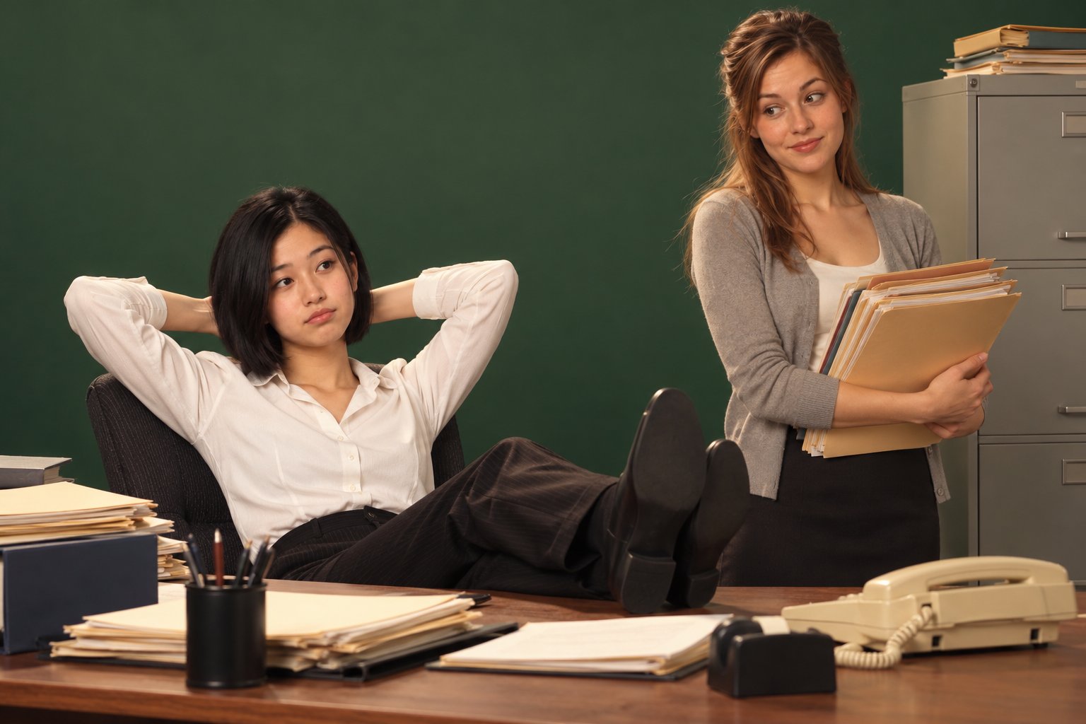 A young woman with her feet up on a desk while a colleague with files raises her eyebrows in a 1990s legal office.