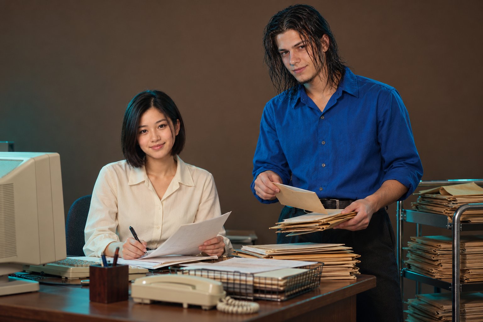 A young woman at a desk with a CRT monitor and a trolley of files while a young man sorts envelopes in a 1990s legal office.