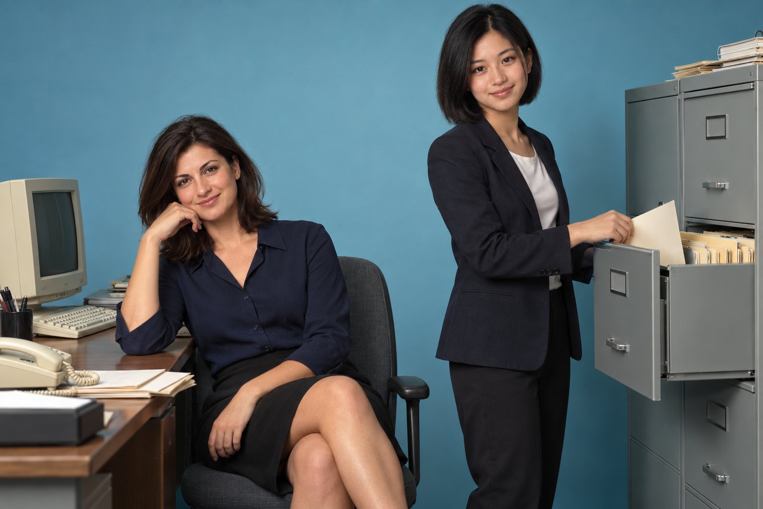 A freckled young woman sitting sideways in an office chair grinning while a colleague files papers in a 1990s legal office.