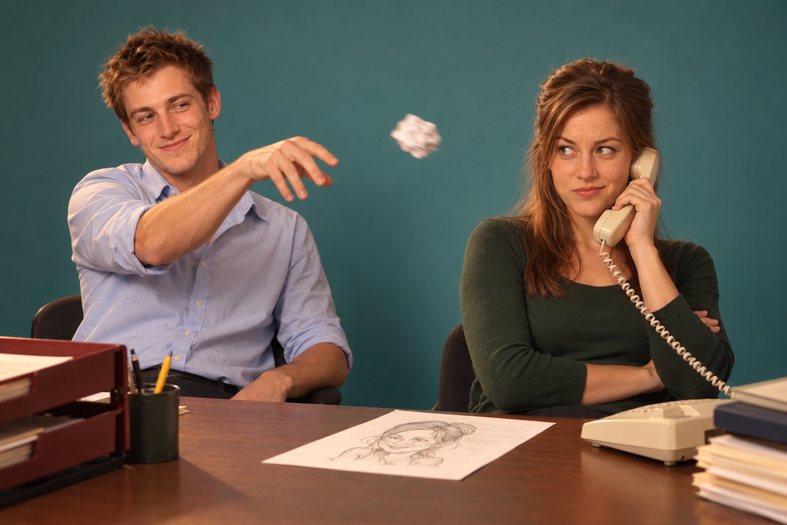 A man tossing a paper ball at a woman on a corded phone, studio photograph in the style of 1999 Sydney