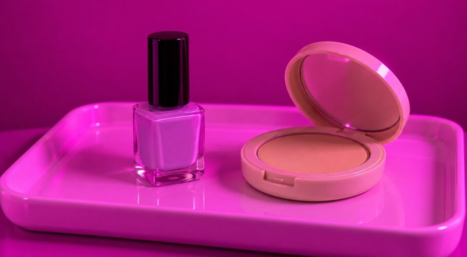 Light purple nail polish bottle beside a beige make-up compact.
