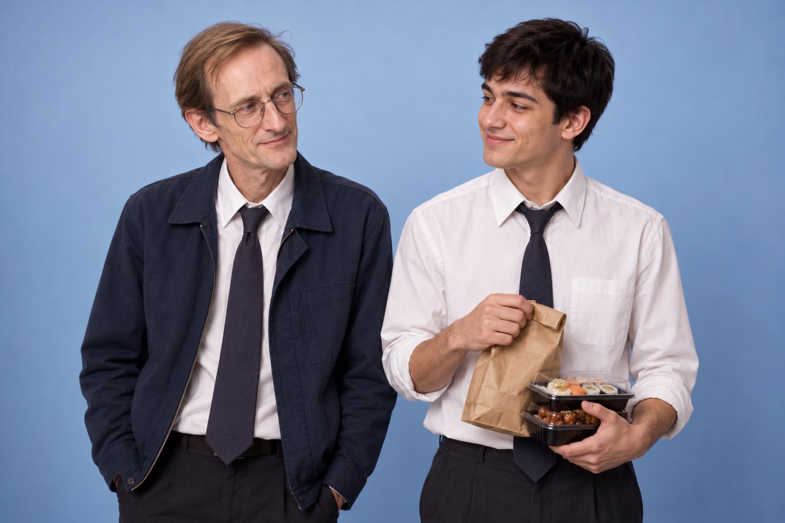 Two men in office wear chatting while holding takeaway lunch, studio photograph in the style of 1999 Sydney
