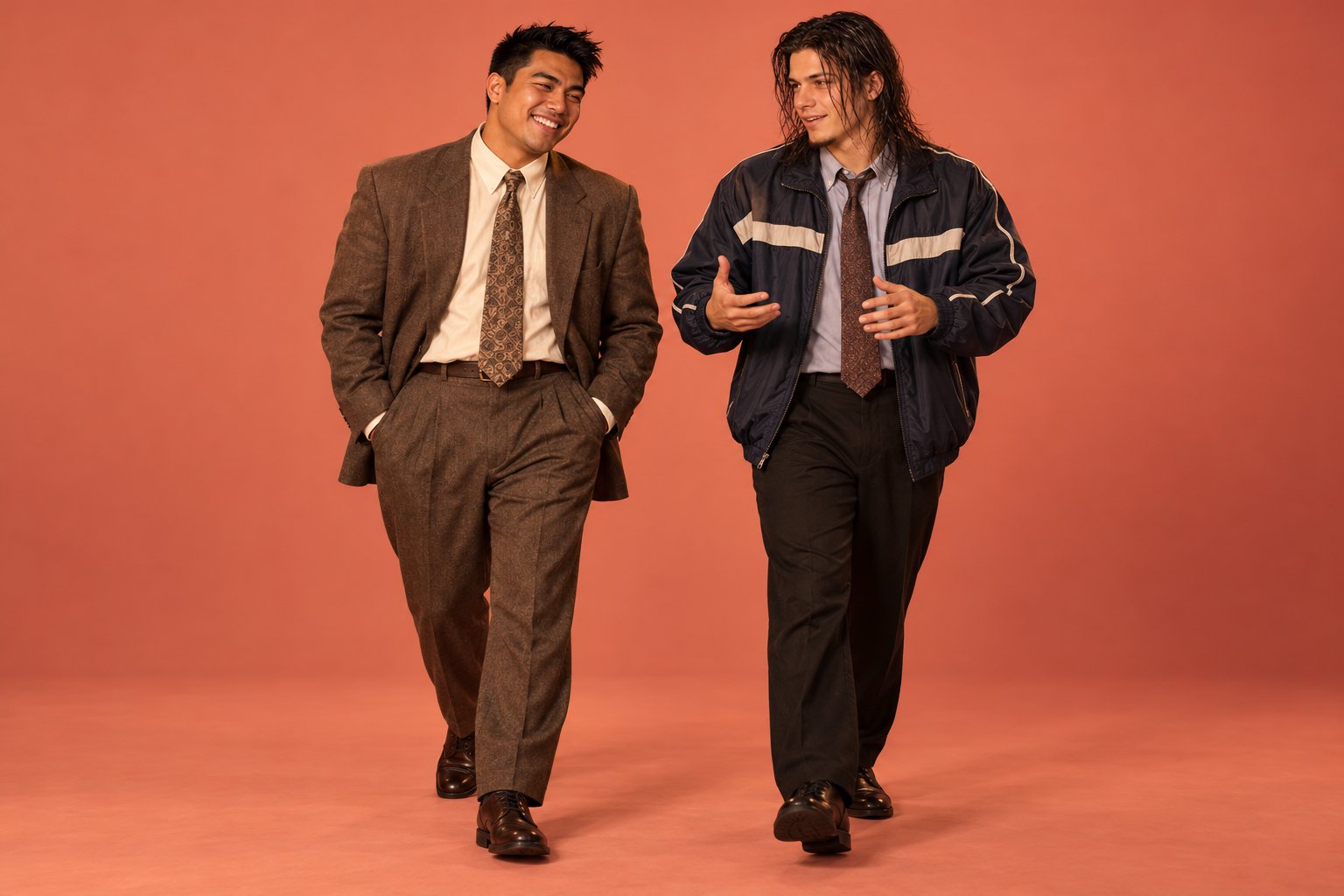 A young man in a team jacket gesturing as he talks to an older man in a suit while walking at lunchtime in 1990s Sydney.