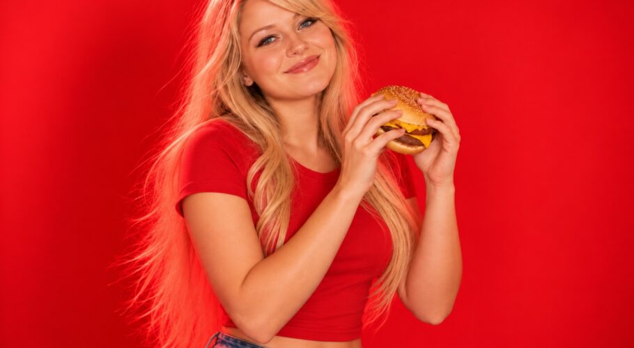 Young woman with long blonde hair and a fringe smiling and holding a cheeseburger against a plain red studio backdrop