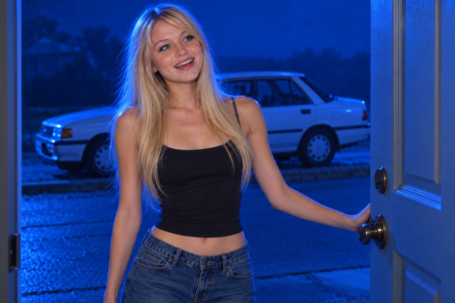 Lyssa opening the front door at night with a car parked outside
