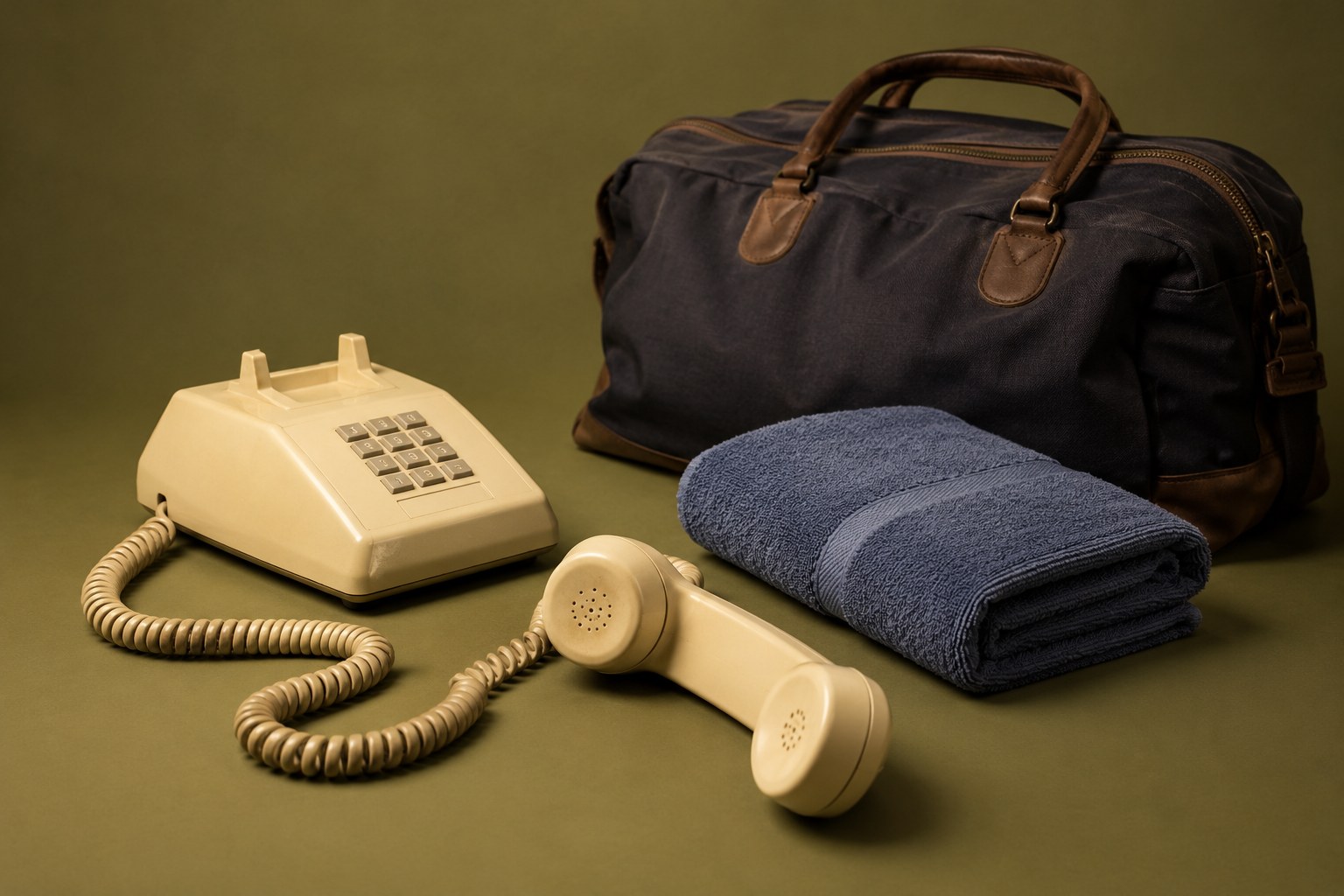 A corded telephone with its receiver set down beside a small bag, studio photograph in the style of 1999 Sydney
