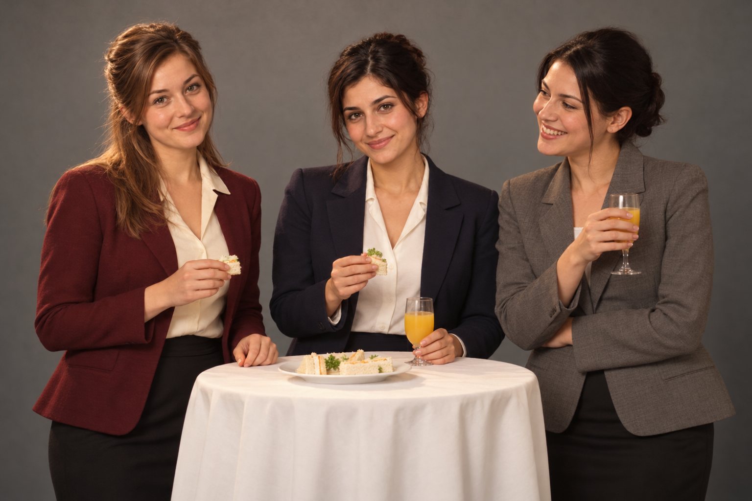 Three women in office wear holding small sandwiches and juice, studio photograph in the style of 1999 Sydney