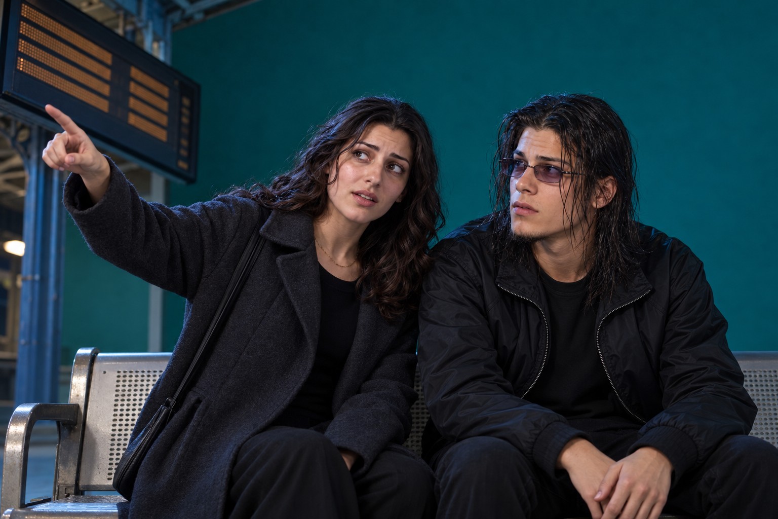 A worried young woman in a dark winter coat points at a departure board beside a young man in all black with tinted glasses on a station bench, 1990s Australia.