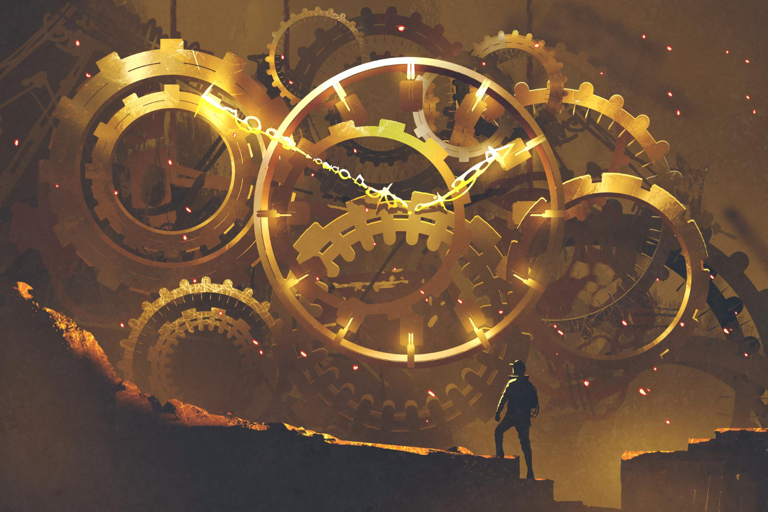 man standing front big golden clockwork illustration painting