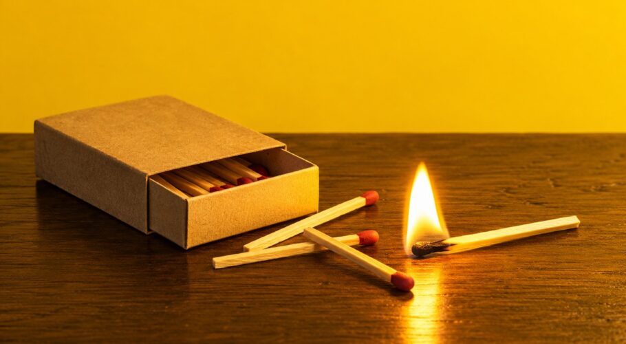 A matchbox with spilled matches and one burning match.