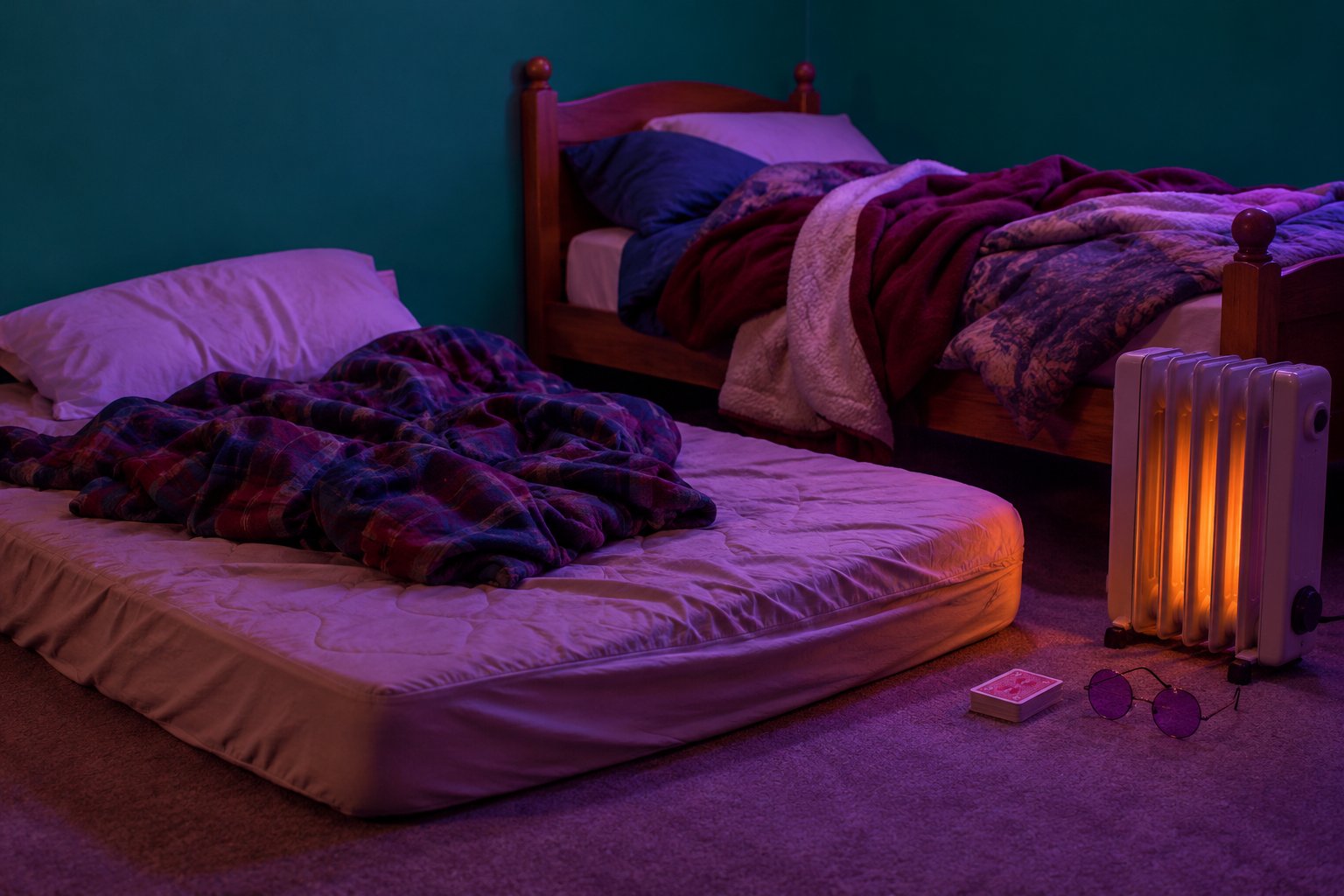 A floor mattress beside a blanket-piled bed with an oil heater, playing cards and purple glasses, 1990s Australia.