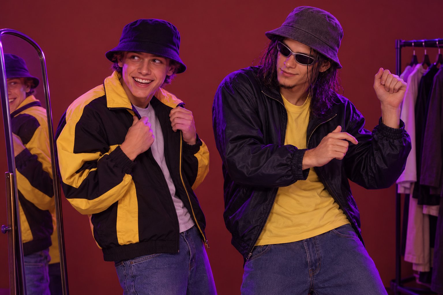 Two young men grin at a mirror, one in a new jacket and one dancing in a bucket hat and sunglasses, 1990s Sydney shop.