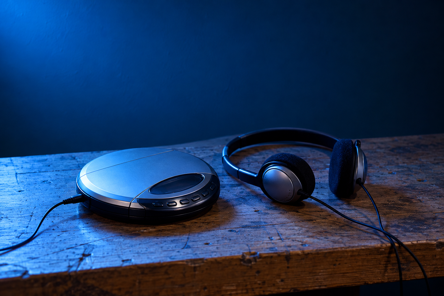 CD player with headphones on a workbench in blue light