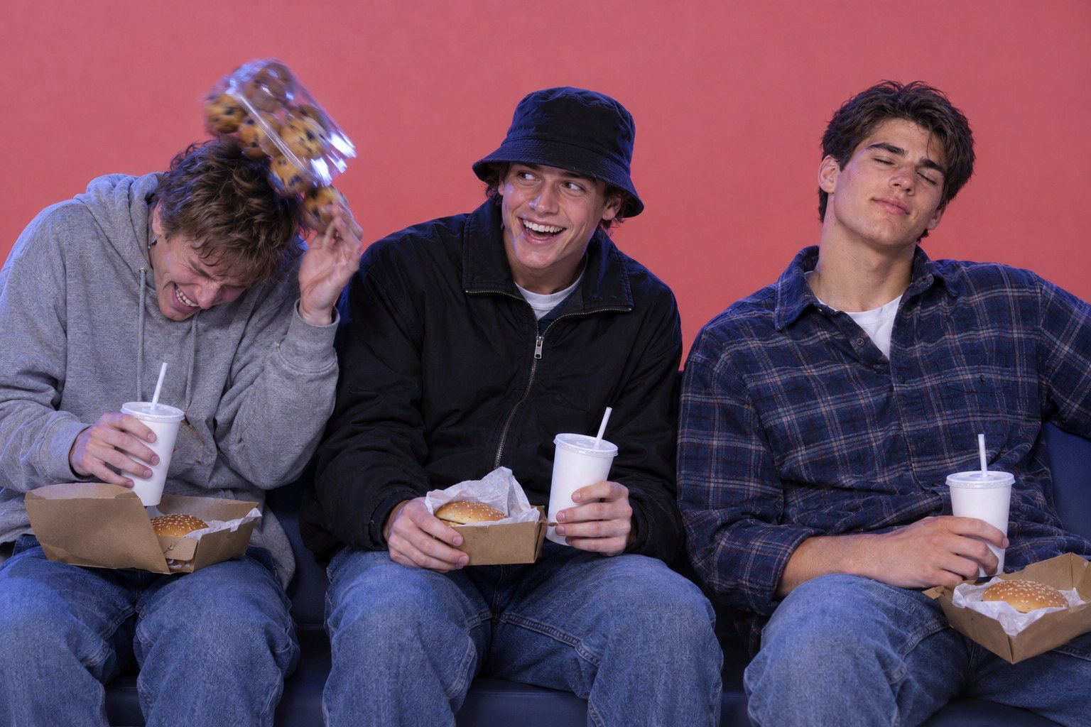 Three young men eating burgers with a packet flying at one, studio photograph in the style of 1999 Sydney