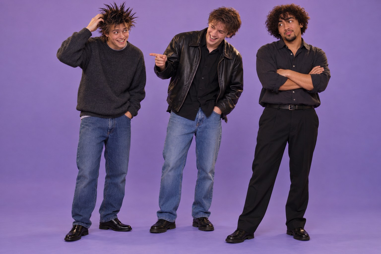 Three young men dressed for a night out, one with comically spiky hair as the others laugh, studio photograph in the style of 1999 Sydney