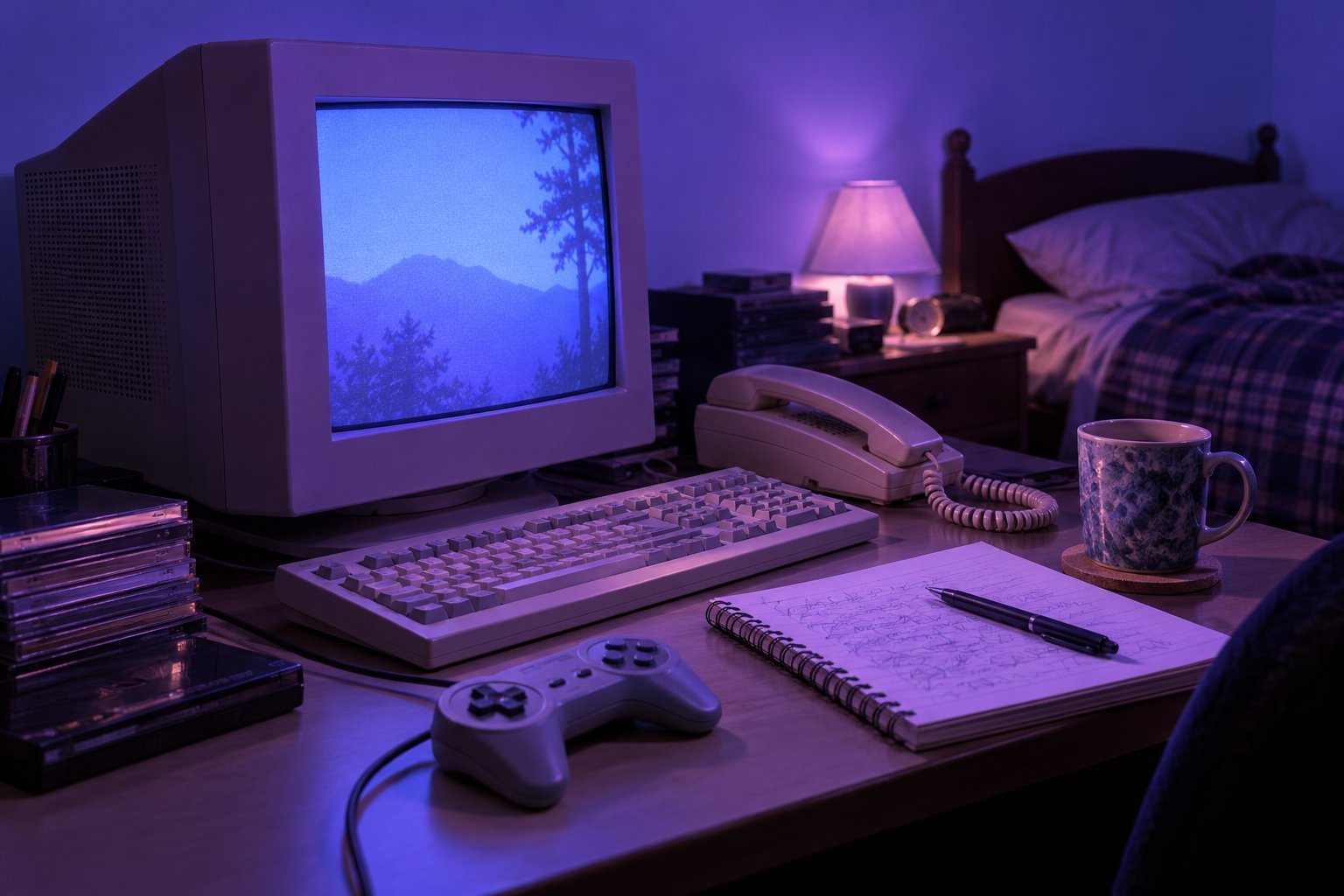 A glowing monitor beside a corded phone and a game controller on a dim bedroom desk, 1990s Australia.