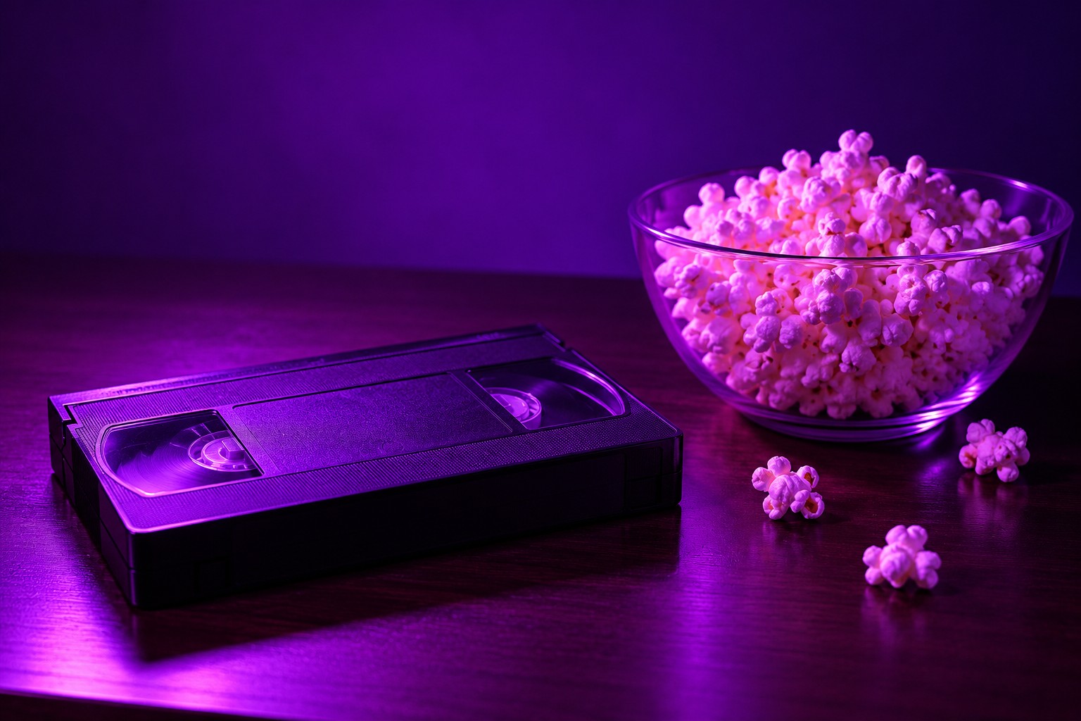 VHS tape and popcorn bowl on a coffee table in purple light