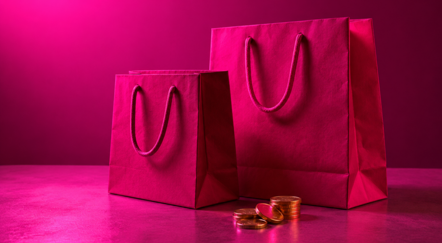 Shopping bags and gold coins in magenta light