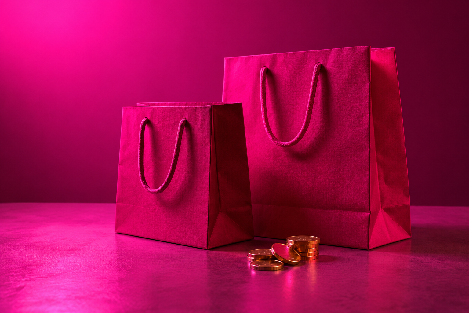 Shopping bags and gold coins in magenta light