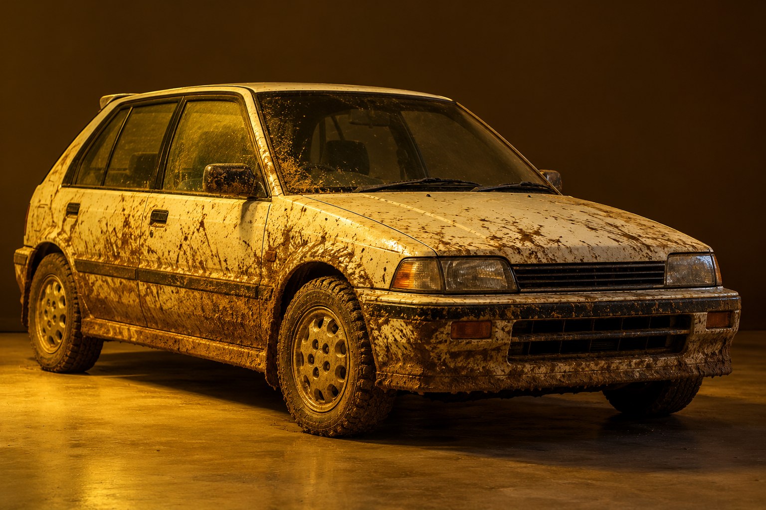 A mud-splattered boxy hatchback under warm yellow light