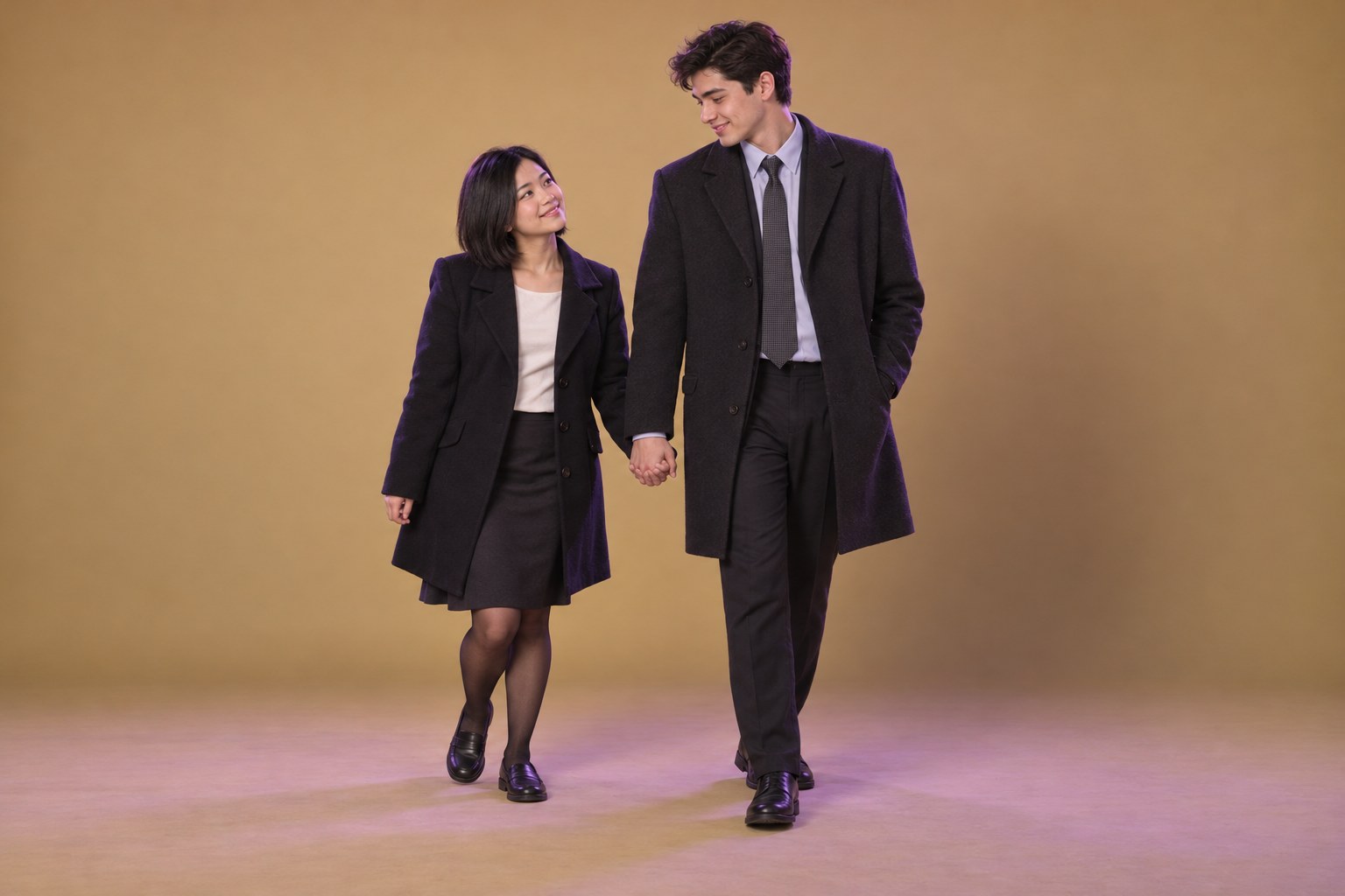 A tall man and a much shorter woman hold hands, the woman waddling playfully, studio photograph in the style of 1999 Sydney