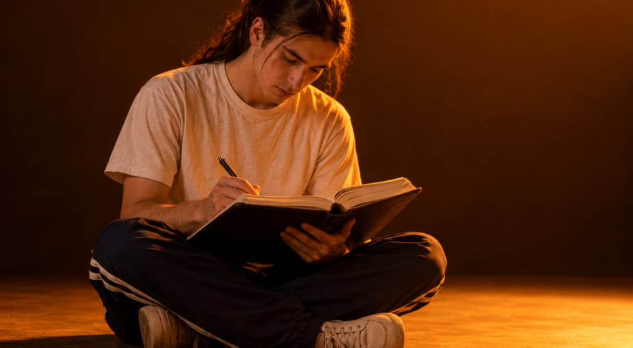 Young man with a ponytail writing in a thick diary on the floor in warm amber light