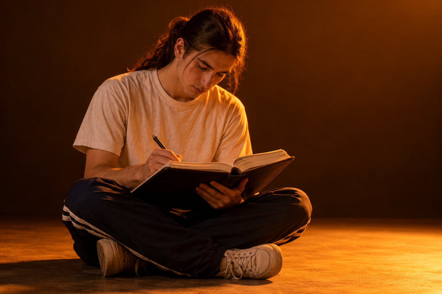 Young man with a ponytail writing in a thick diary on the floor in warm amber light