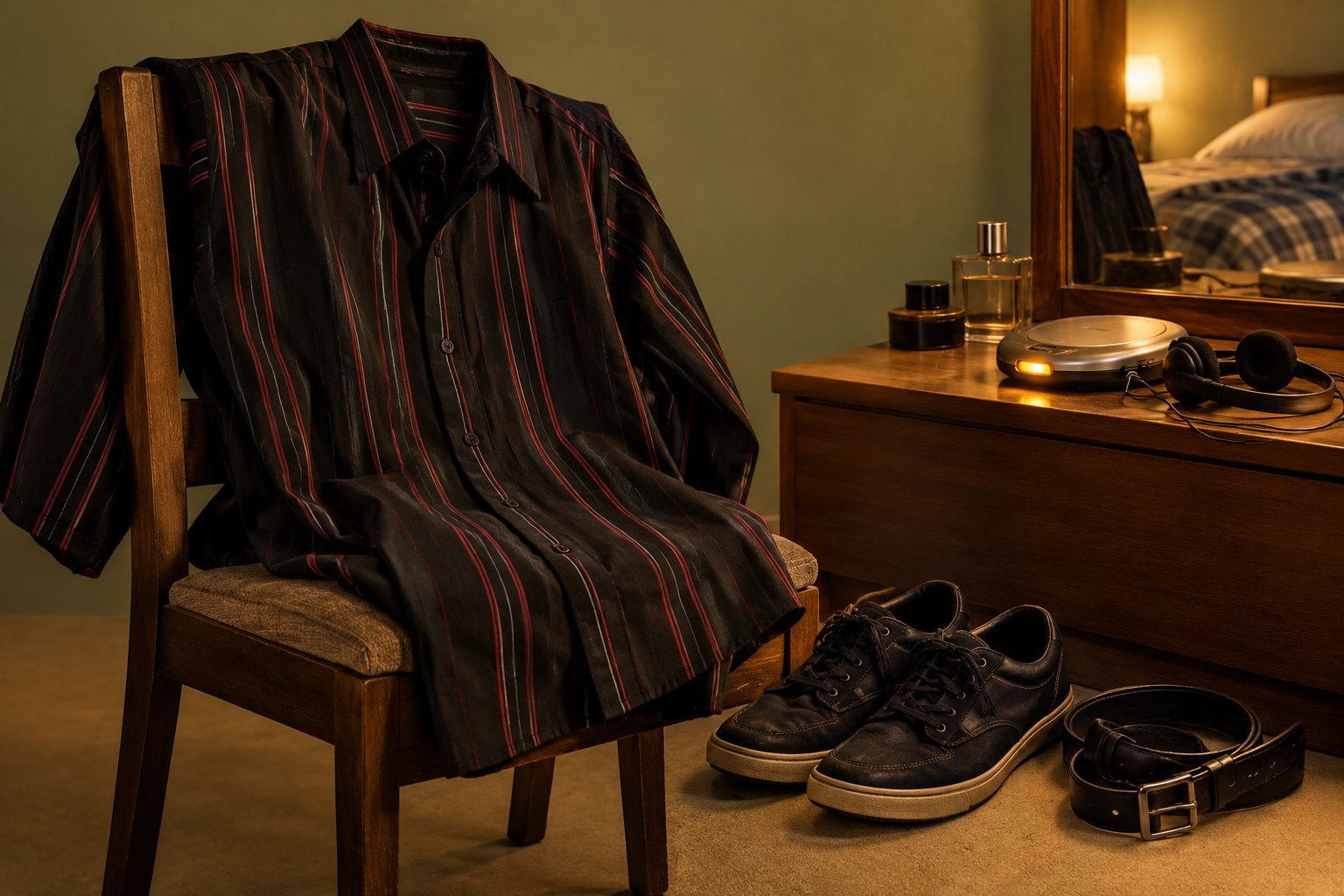 A new striped button-up shirt on a chair beside shoes, a belt and a CD player in a 1990s bedroom.