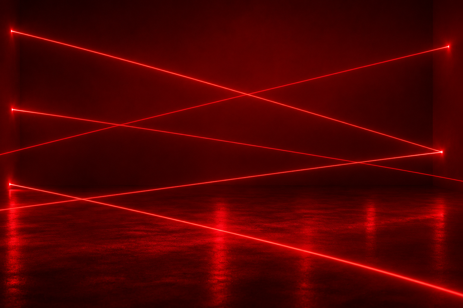 Red laser beams crossing a dark room