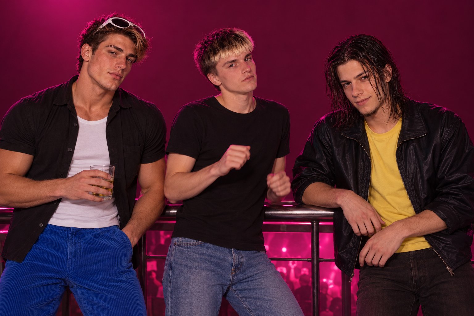 Young men lean on a railing above a sunken 1990s nightclub dancefloor lit by coloured lights.