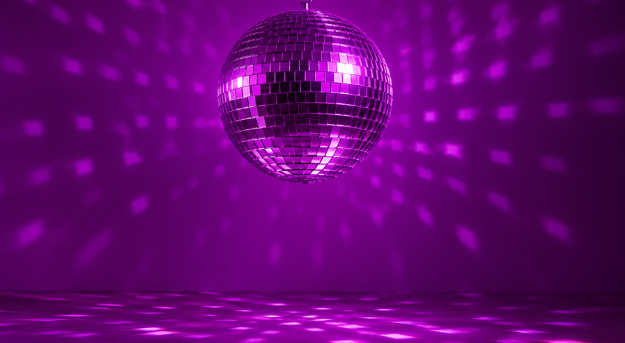 Mirror disco ball in purple light