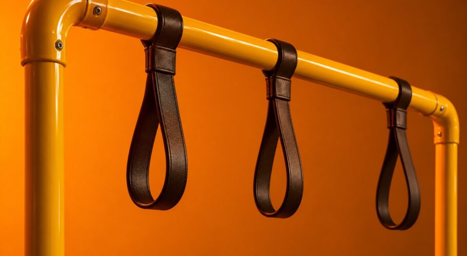 a yellow metal bus grab rail with black vinyl straps photographed in a studio