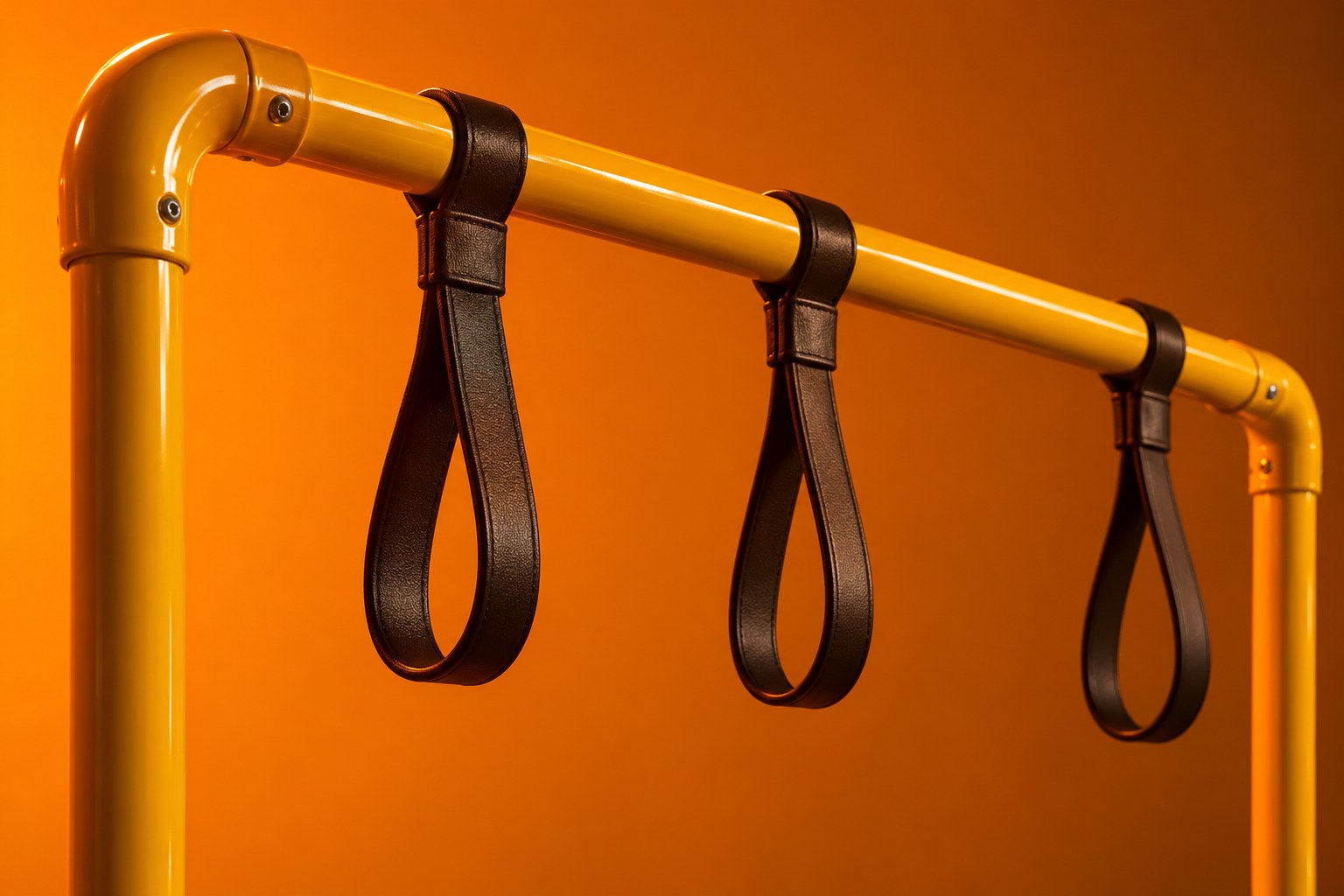 a yellow metal bus grab rail with black vinyl straps photographed in a studio