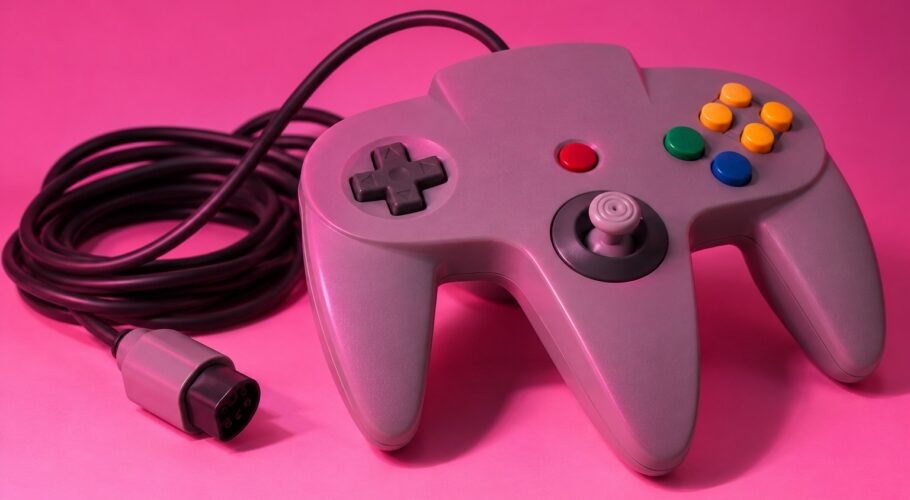 a grey Nintendo 64 controller with a long coiled cable on a pink surface photographed in a studio