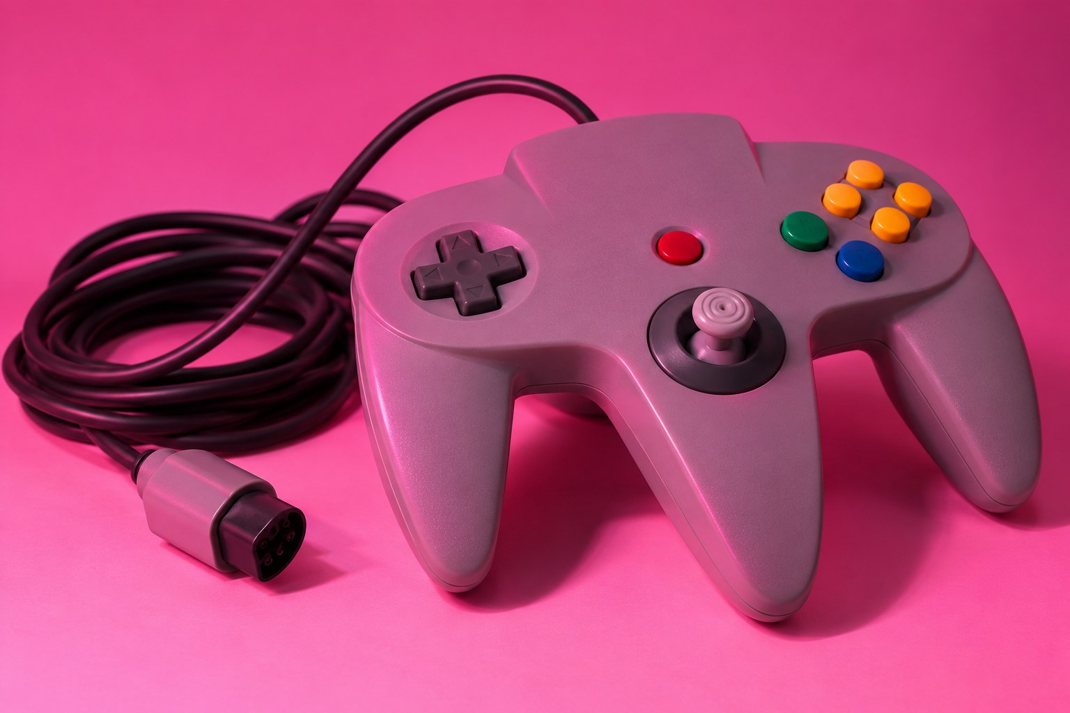 a grey Nintendo 64 controller with a long coiled cable on a pink surface photographed in a studio